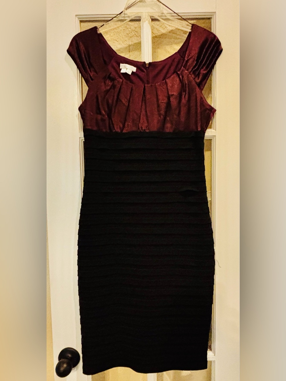 London Times Burgundy and Black Two-Tone Midi Cocktail Dress